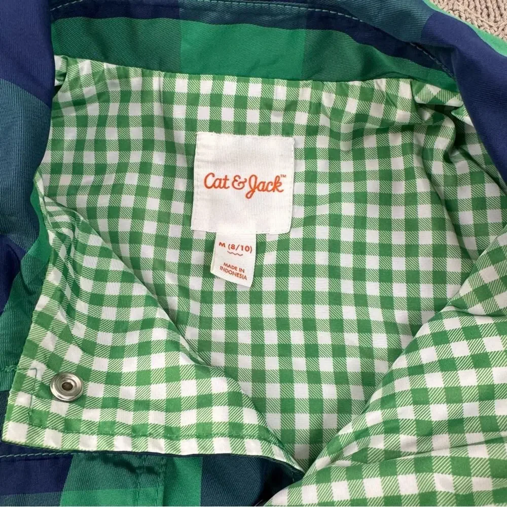 Cat & Jack Boys Green and Blue Plaid Raincoat ~ 8/10